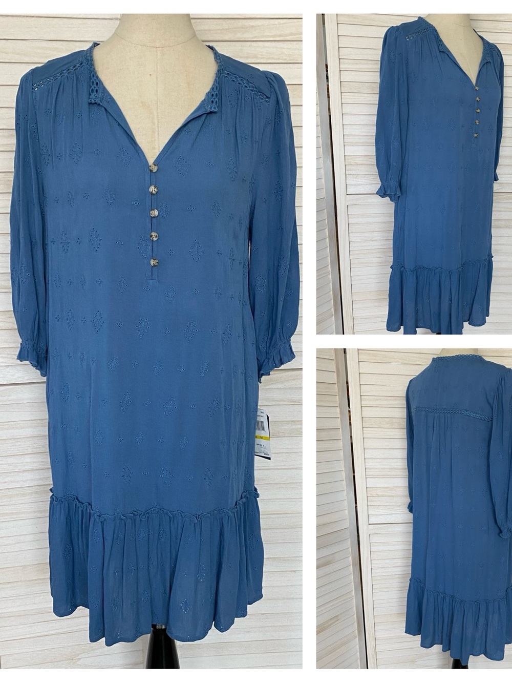 Democracy Blue Eyelet Midi Ruffle Dress SZ M NWT